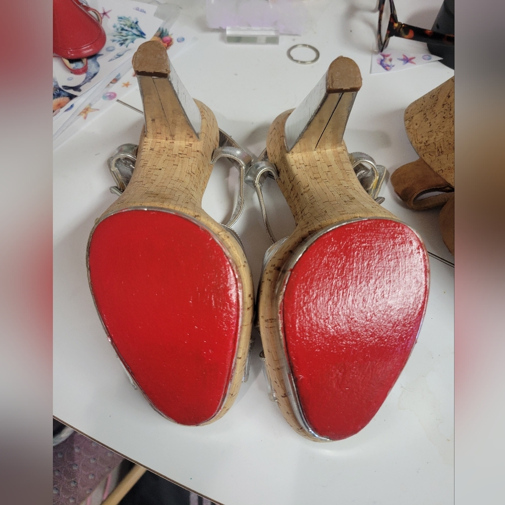 Christian Louboutin Silver & Cork Leather Platform Heels 7 - Picture 9 of 11